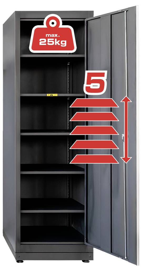 Vysoká, otvorená kovová skriňa s piatimi nastaviteľnými policami a štítkom označujúcim maximálne zaťaženie 25 kg na každej polici.