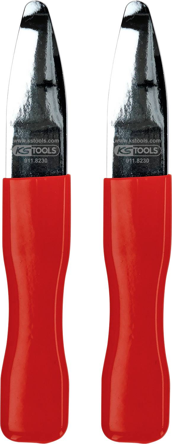 Dva červenorúčkové kovové škrabáky so striebornými čepeľami, označené nápisom "KG Tools".