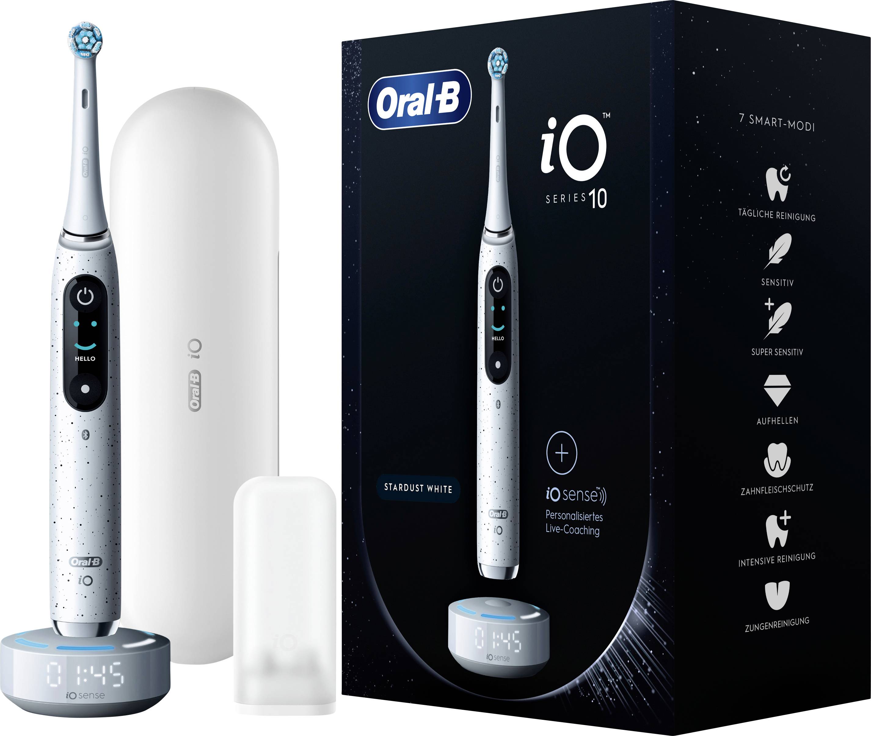 Elektrická zubná kefka Oral-B iO Series 10 s príslušenstvom a obalom, vybavená 7 čistiacimi režimami a inteligentnou technológiou.