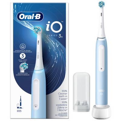 Elektrická zubná kefka Oral-B iO Series 3 v svetlomodrej farbe s obalom. Funkcie zahŕňajú inteligentný tlakový senzor a tri čistiace režimy.
