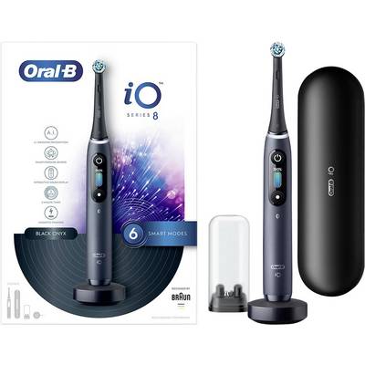 'Oral-B iO Series 8', čierna elektrická zubná kefka so stojanom, nabíjacím puzdrom a šiestimi inteligentnými režimami. Balenie zdôrazňuje umelú inteligenciu a inteligentné tlakové senzory.