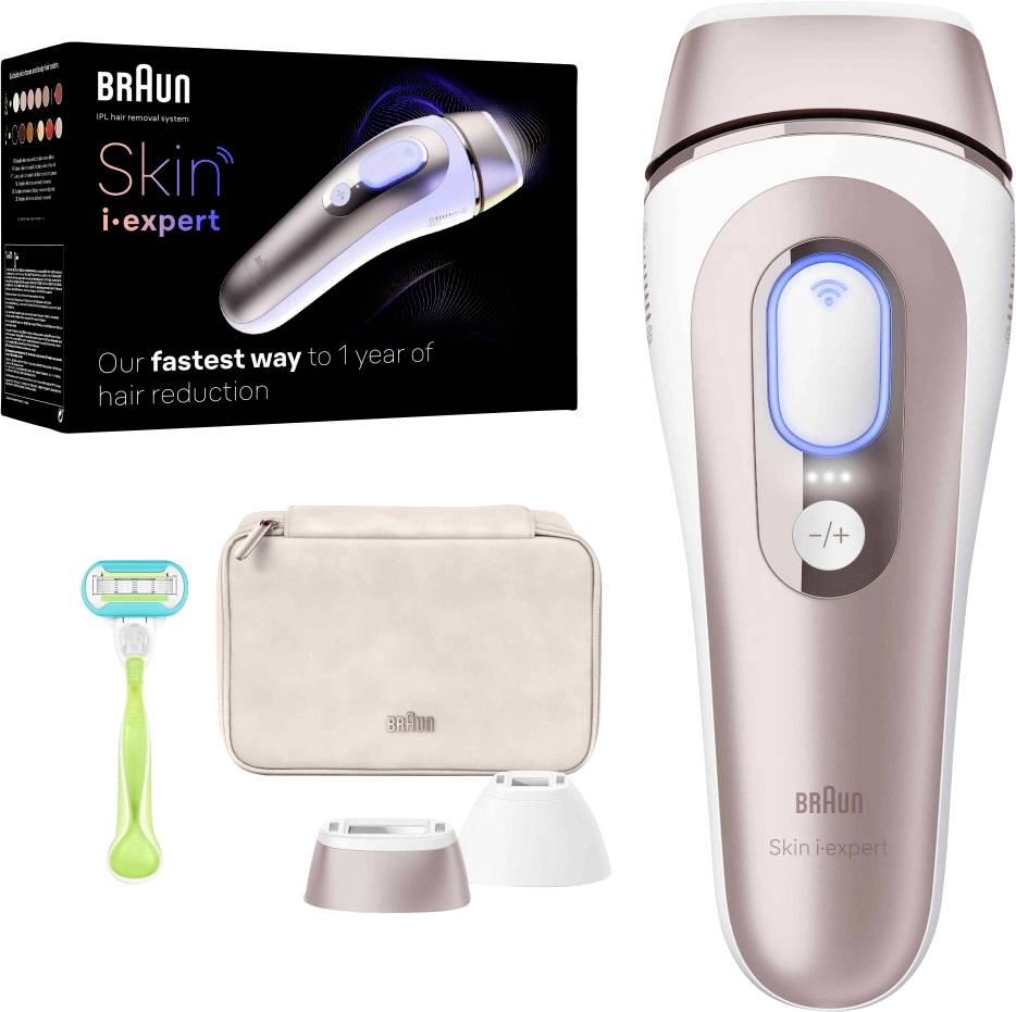 Braun Skin i-expert epilátor s krabicou, puzdrom, holiaci strojček a príslušenstvom. Propaguje 'Náš najrýchlejší spôsob, ako dosiahnuť ročnú redukciu chĺpkov.'