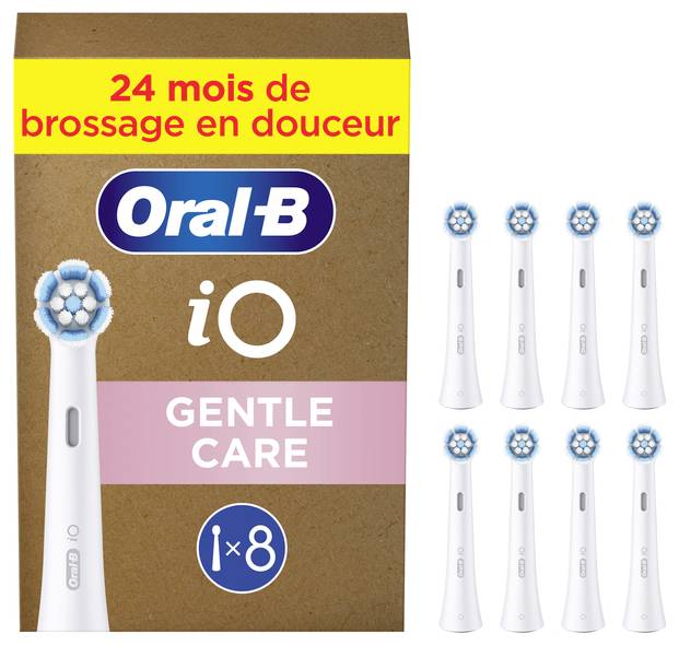 Náhradné hlavice 'Oral-B iO Gentle Care', balenie ôsmich kusov. Hnedá krabica so žltými a ružovými označeniami, zdôrazňujúca '24 mesiacov jemného čistenia'.