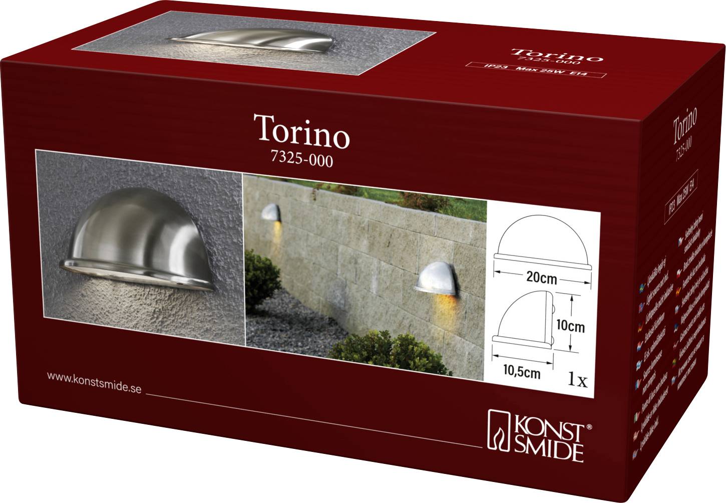 'Torino' vonkajšie nástenné svietidlo<br>Balenie so zobrazením produktu a rozmermi<br>Šírka: 20 cm<br>Výška: 10,5 cm<br>Značka: Konstsmide<br>Model: 7325-000