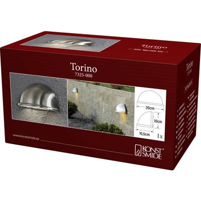'Torino' vonkajšie nástenné svietidlo<br>Balenie so zobrazením produktu a rozmermi<br>Šírka: 20 cm<br>Výška: 10,5 cm<br>Značka: Konstsmide<br>Model: 7325-000