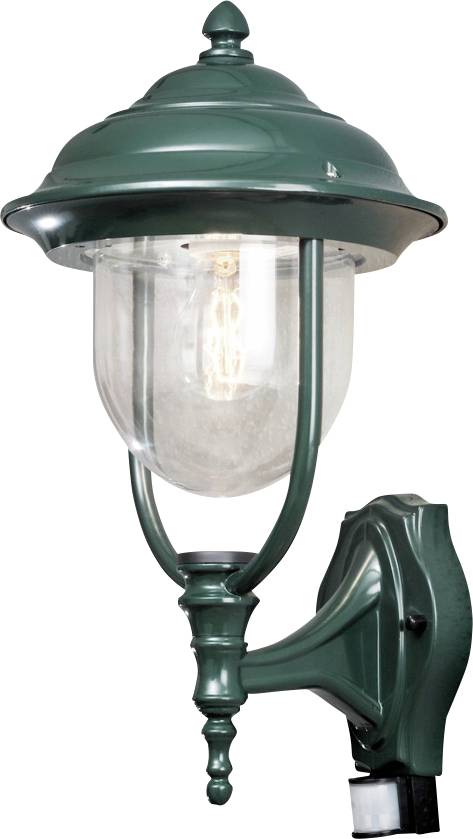 Vintage exteriérová nástenná lampa so zeleným kovovým rámom a priehľadným skleneným tienidlom, ktorá odhaľuje žiarovku vo vnútri.