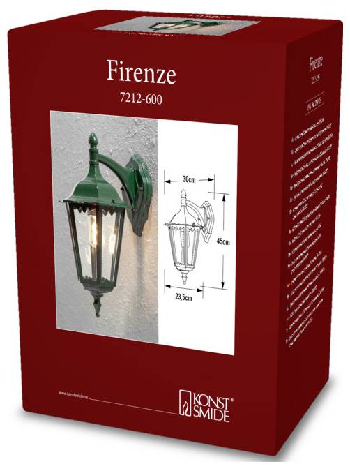 Červená škatuľa obalu pre zelenú vonkajšiu nástennú lampu od Konst Smide. Obsahuje model produktu 'Firenze 7212-600' a rozmery: 30x45x23,5 cm.
