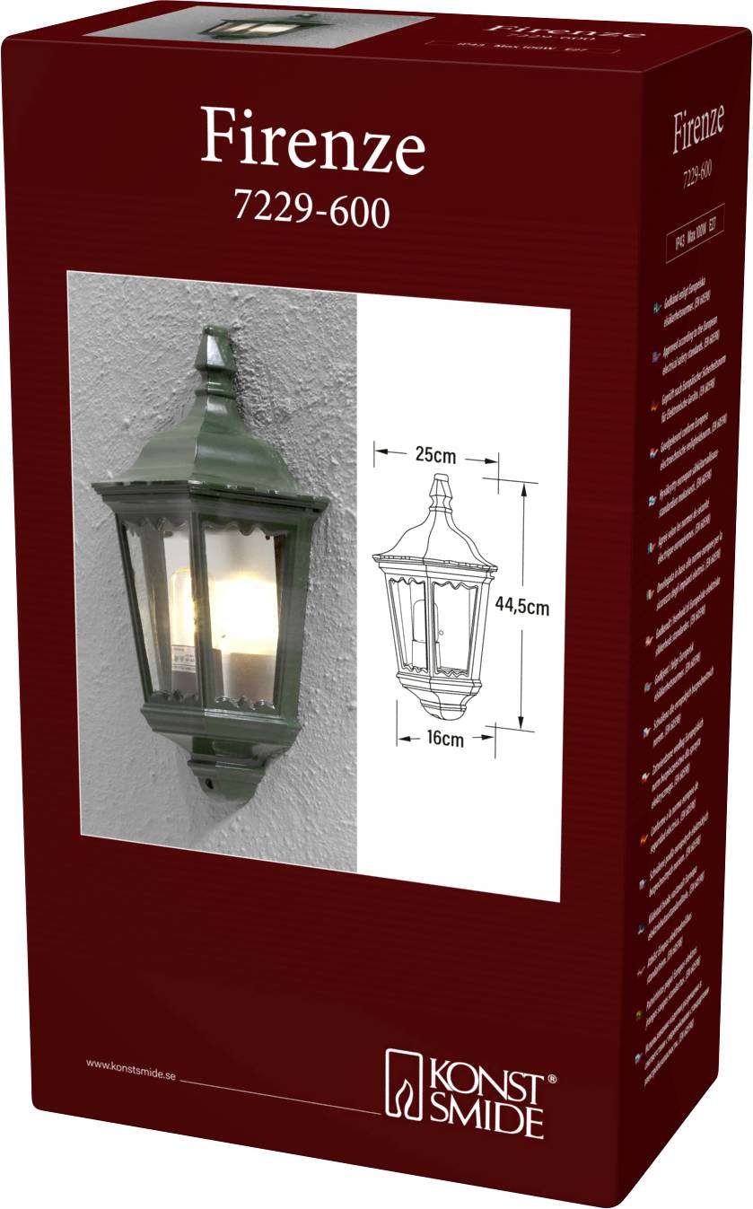 Svietidlo 'Firenze 7229-600' na stenu, balenie zobrazuje namontovaný svetlomet s rozmermi: 25 cm šírka, 44,5 cm výška, 16 cm hĺbka.