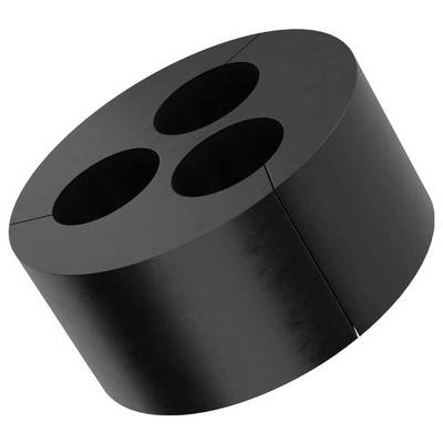 Čierny, guľatý 3D objekt s tromi kruhovými otvormi na hornej ploche.