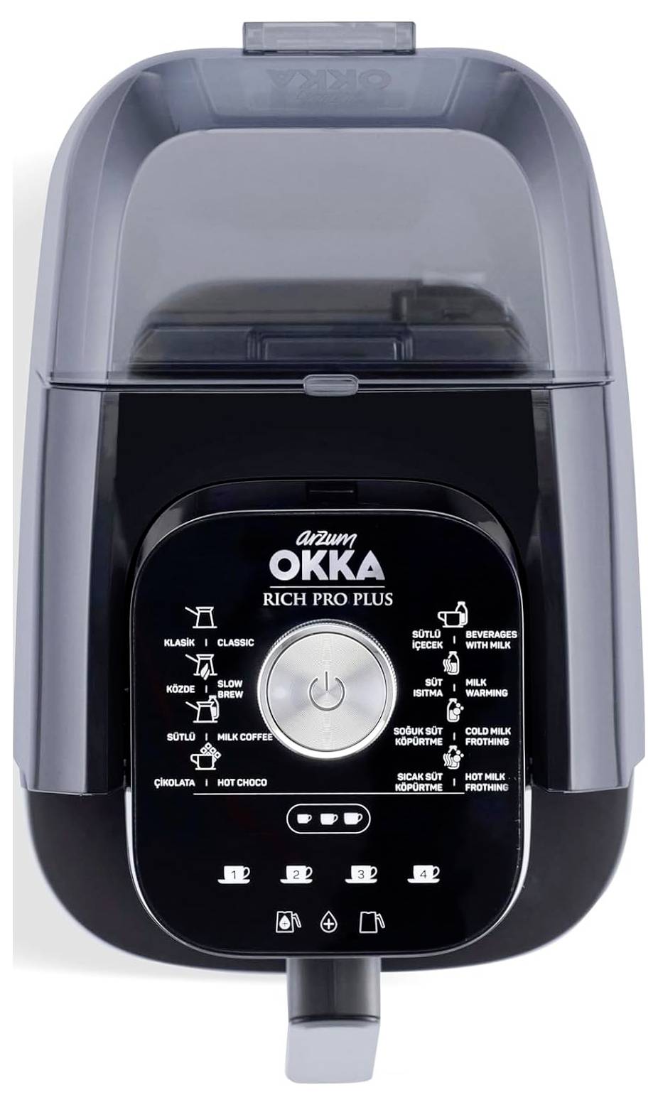 Automatický kávovar na tureckú kávu Arzum OKKA Rich Pro Plus s viacerými nastaveniami prípravy a elegantným čierno-strieborným dizajnom.