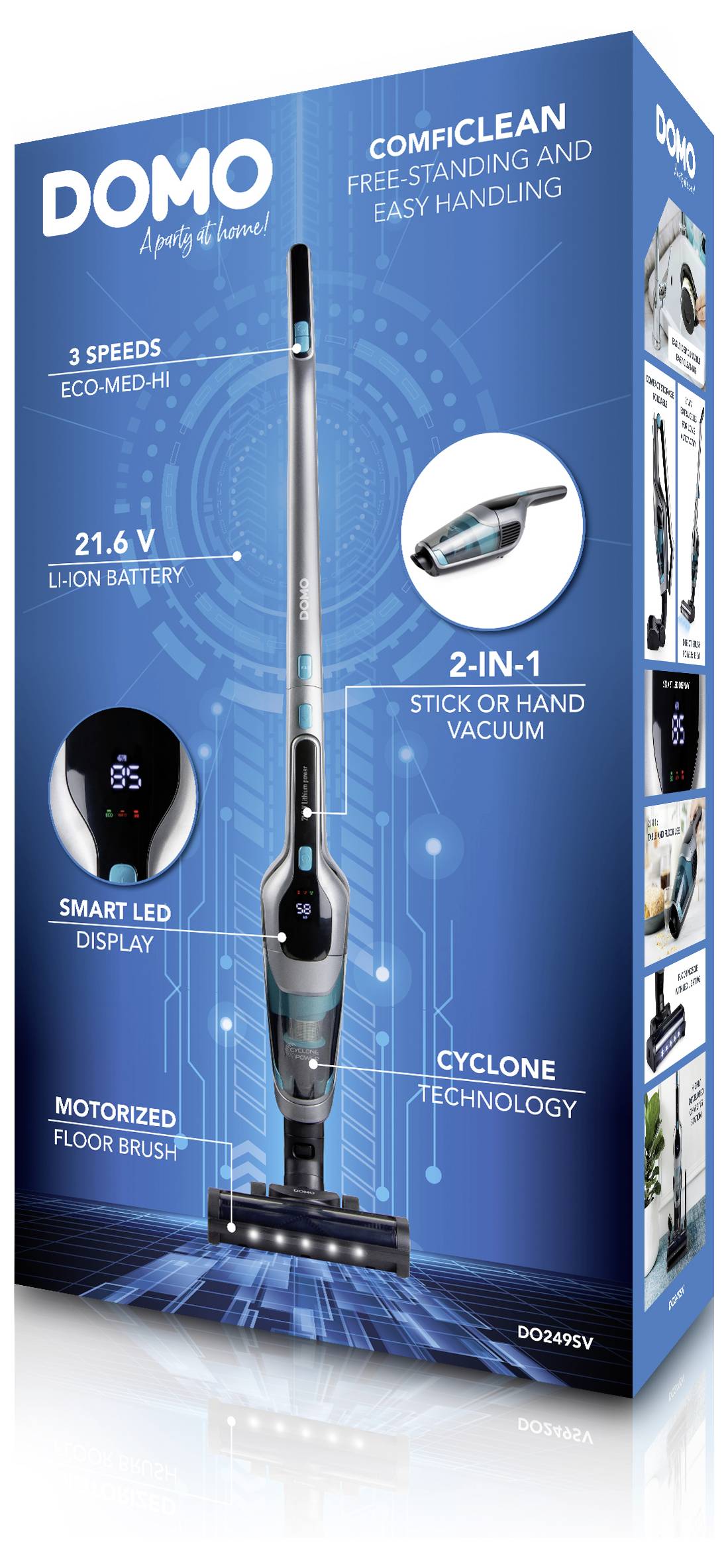 Obal vysávača 'Domo' zobrazujúci obrázok produktu, funkcie ako 3 rýchlosti, lítiovo-iónová batéria 21,6V, 2-v-1 tyčový/ručný vysávač a cyklónovú technológiu.