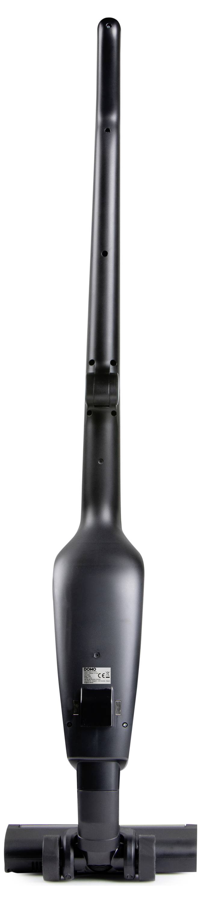 Elegantný, moderný čierny bezdrôtový vysávač s dlhou rukoväťou a kompaktným dizajnom, vhodný na efektívne upratovanie v malých priestoroch.