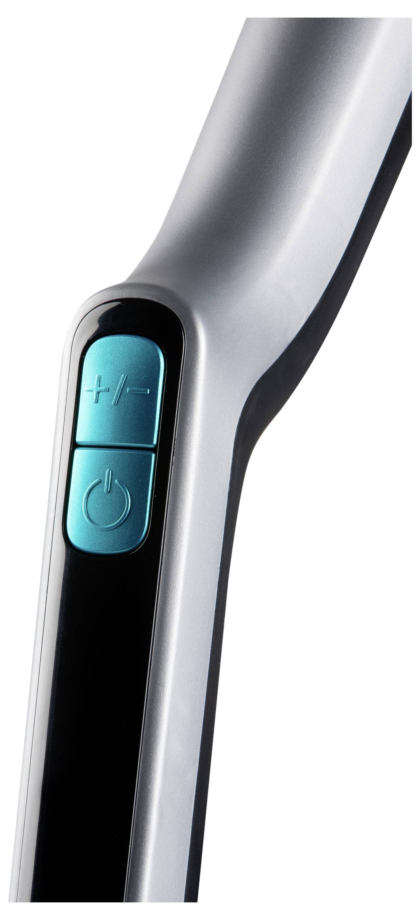 Detailný záber na kovový prenosný prístroj s modrými tlačidlami pre zapínanie a ovládanie hlasitosti.