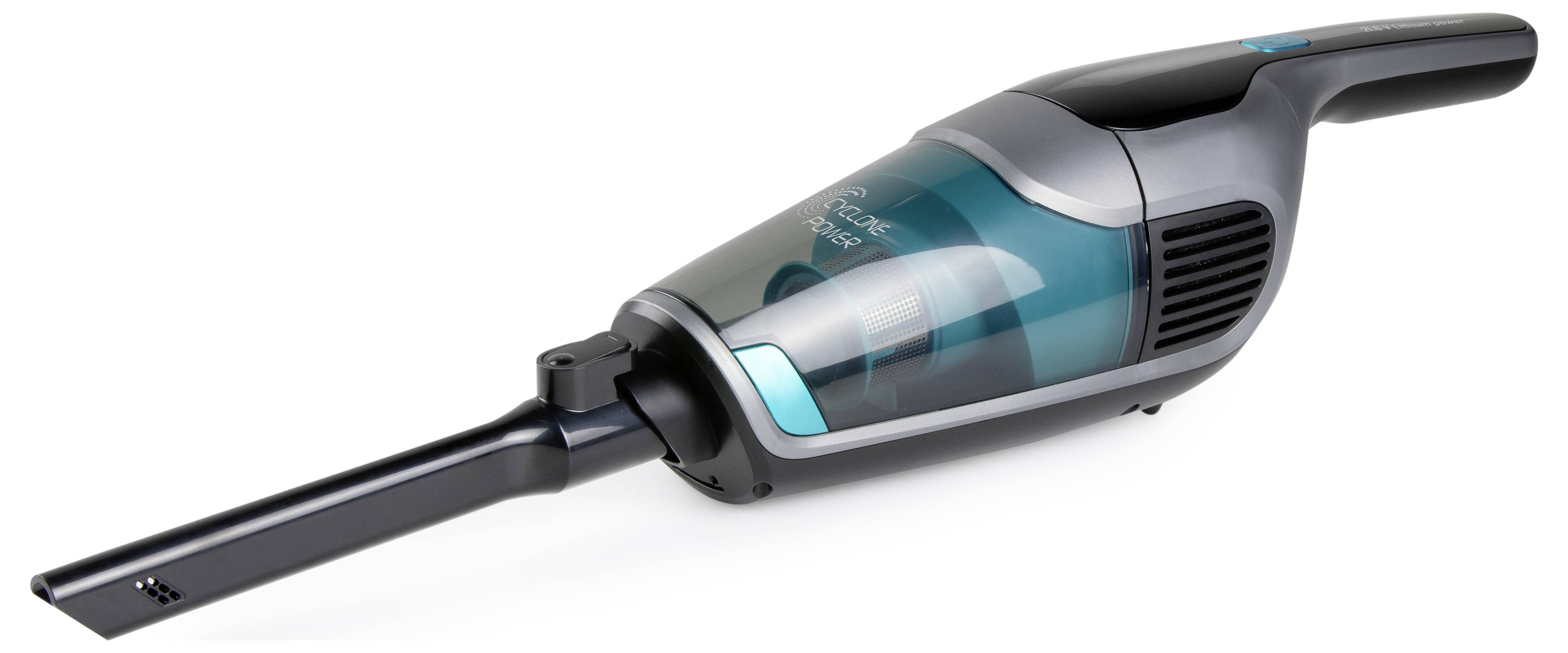 Prenosný ručný vysávač s úzkym nadstavcom, v modro-čiernom dizajne, vhodný na čistenie úzkych priestorov.