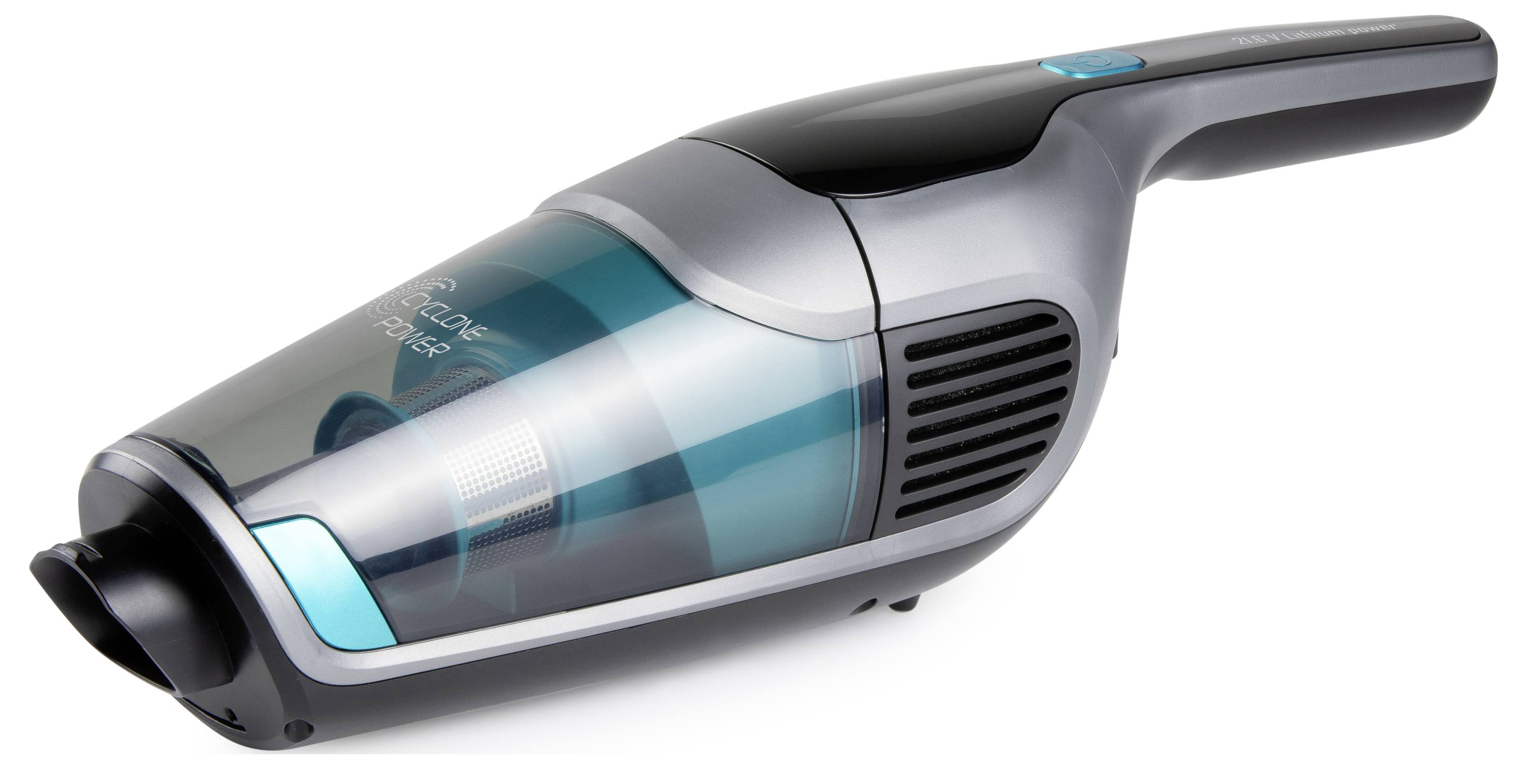 Štíhly ručný vysávač s priehľadnou nádobou na prach a ergonomickou rukoväťou, ktorý ukazuje moderný dizajn.