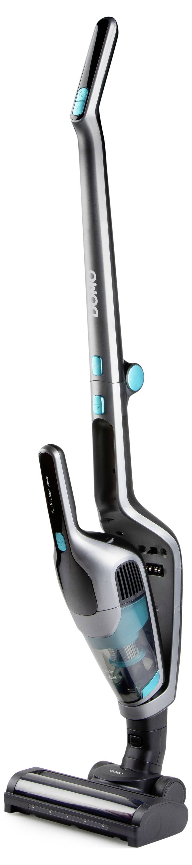 Štíhly, vertikálny vysávač s odnímateľnou ručnou jednotkou, vyznačujúci sa moderným dizajnom s tyrkysovými akcentmi a priehľadnou nádobou na prach.