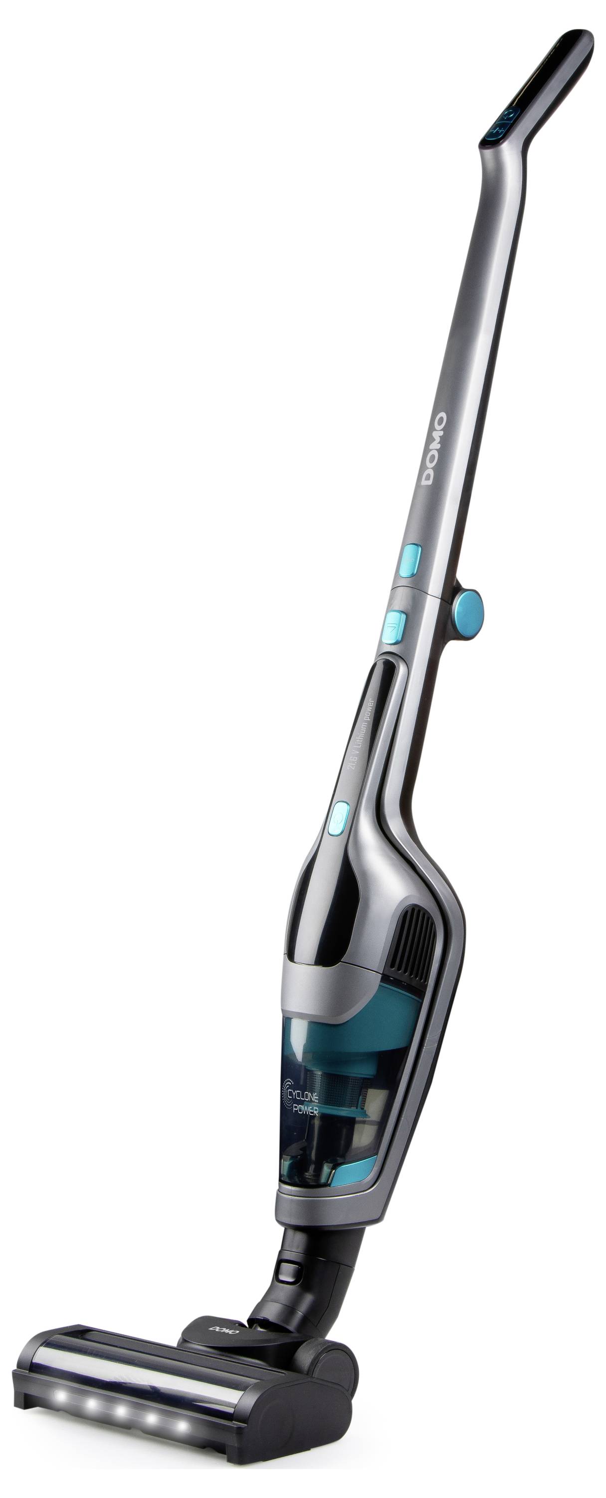 Elegantný, moderný bezdrôtový vysávač s dlhou rukoväťou a LED svetlami na základni, navrhnutý pre ľahkú ovládateľnosť a efektívne čistenie.