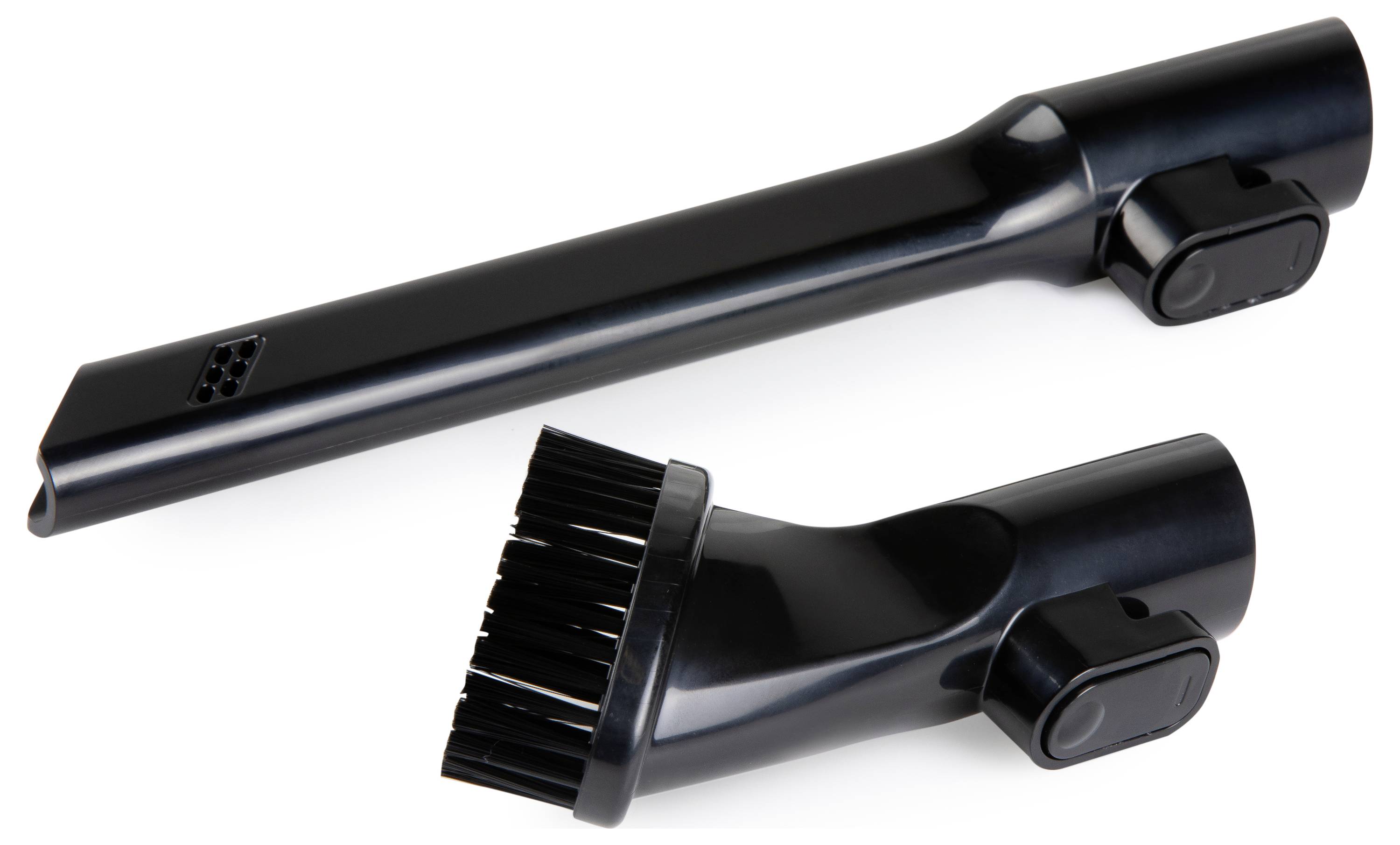 Dva čierne nástavce vysávača: úzky rohový nástavec a okrúhla kefka s štetinami, obe s klipovým pripevnením.