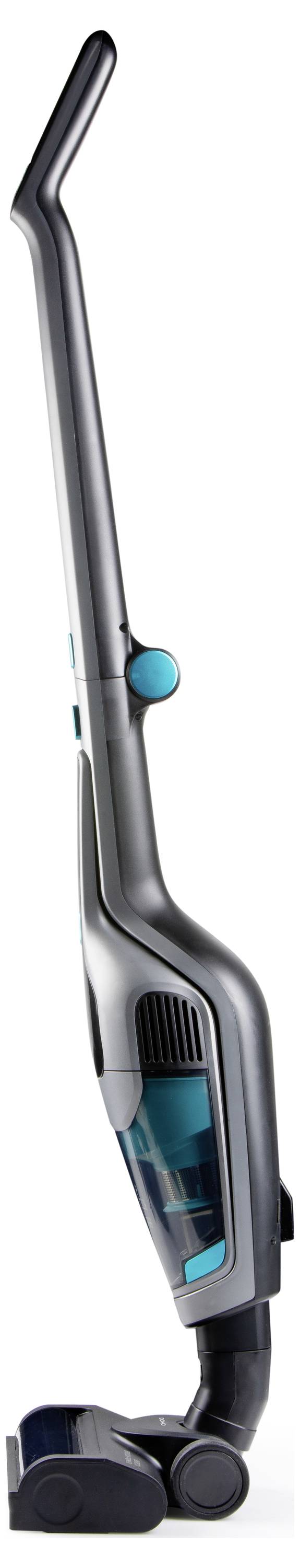 Štíhly, stojanový vysávač s moderným dizajnom, vybavený dlhou rukoväťou a odnímateľnou nádobou na prach.