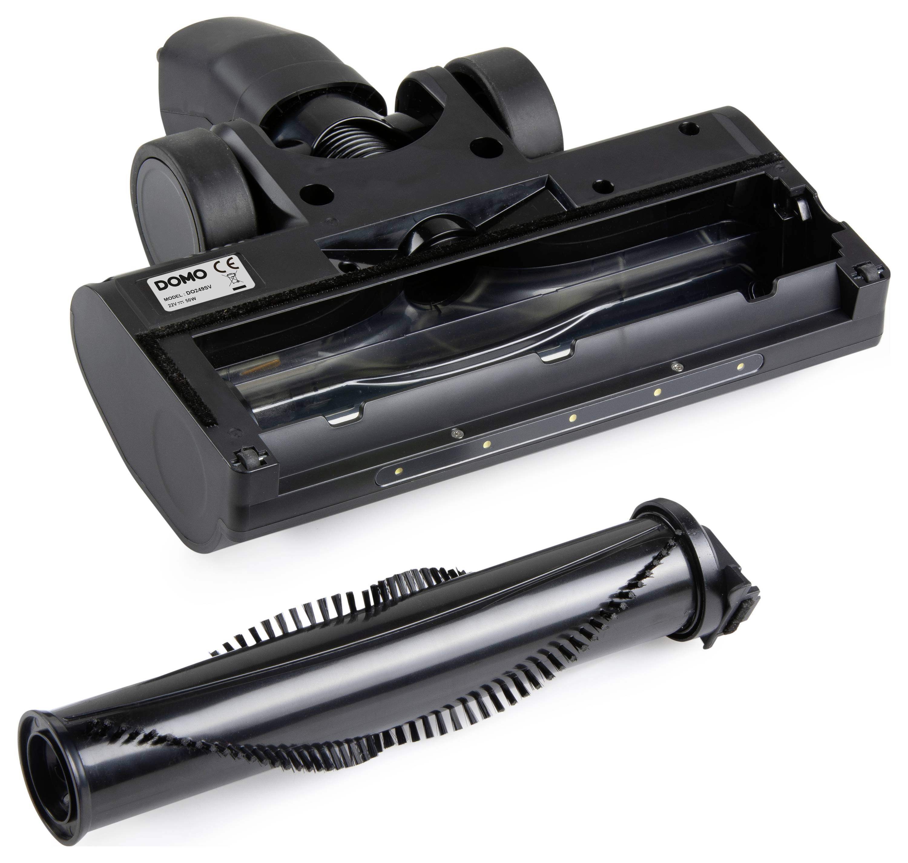 Nadstavec vysávača rozobraný, zobrazujúci kefový valec a kryt s logom DOMO, zvýrazňujúci vnútorné komponenty pre údržbu.