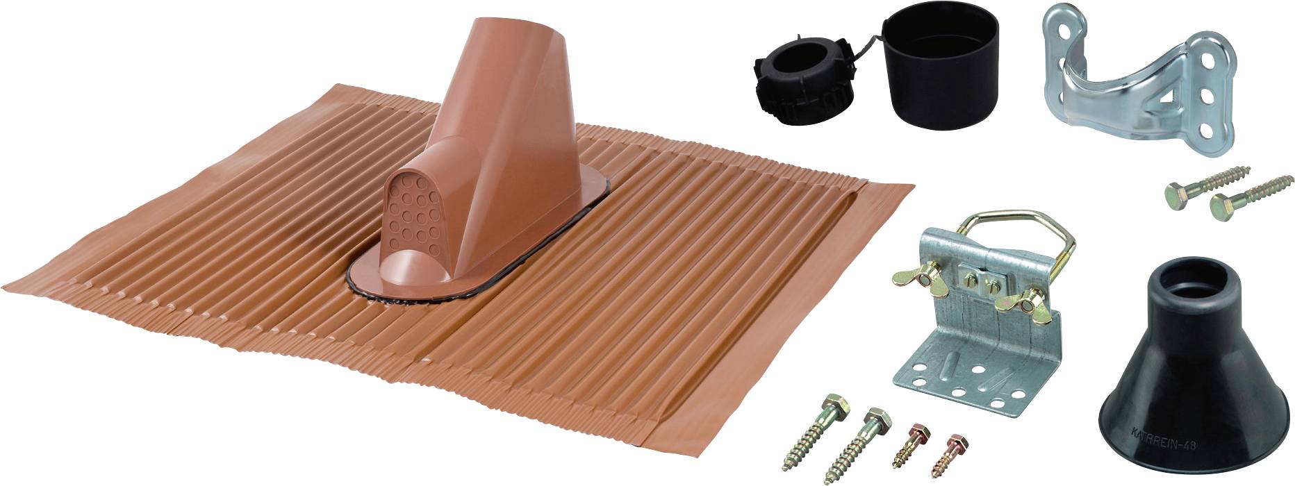 Strešná súprava zobrazujúca terakotový tesniaci prvok, podpory potrubia, konzoly a skrutky, pravdepodobne používané na utesnenie prestupov strechy.