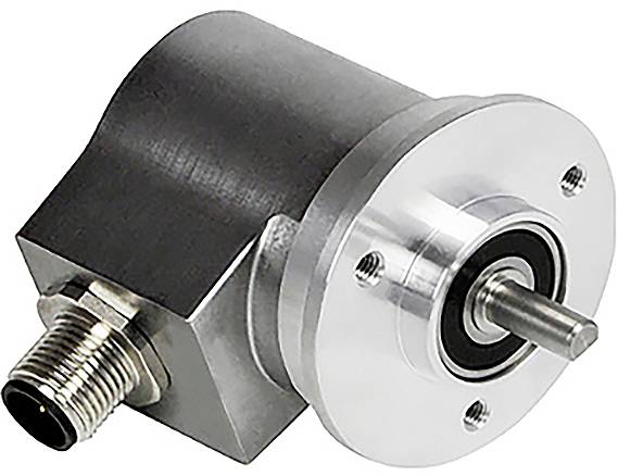 Kompaktné, valcovité kovové zariadenie s závitovým konektorom a rotujúcou hriadeľou, pravdepodobne používané ako rotačný enkodér v strojových zariadeniach.