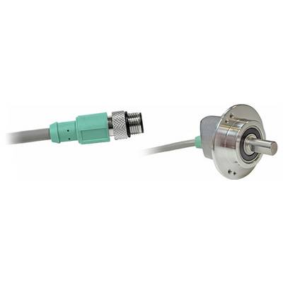 Valcový kovový rotačný enkodér so zeleným káblom, používaný na presné meranie uhlov v mechanických systémoch.