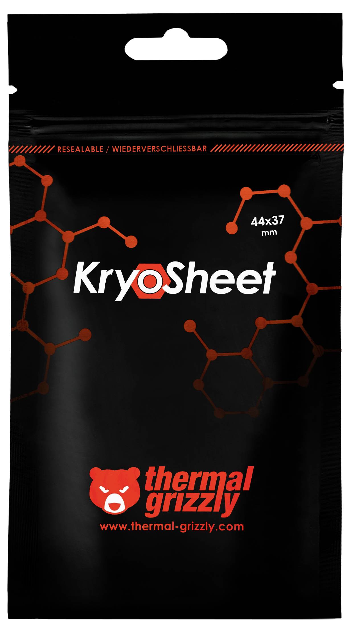 Balenie pre termickú rozhranovú látku 'KryoSheet' od spoločnosti Thermal Grizzly, s čiernym dizajnom s červeným molekulárnym vzorom a logom.