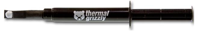 Termálna pasta 'Thermal Grizzly' v čiernej striekačkovej aplikácii, používaná na nanášanie tepelnej pasty na elektronické komponenty pre riadenie tepla.