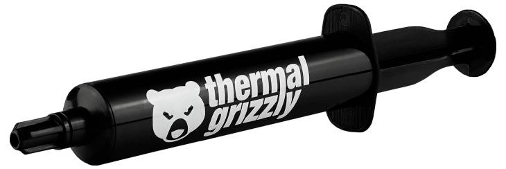 Čierna striekačka označená ako "thermal grizzly" určená na nanášanie tepelnej pasty, s logom medveďa, na bielom pozadí.