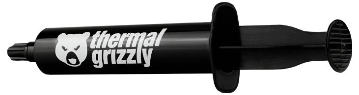 Čierna striekačka s logom 'Thermal Grizzly', na ktorej je vyobrazená tvár medveďa. Používa sa na nanášanie tepelnej pasty v počítačoch pre riadenie tepla.