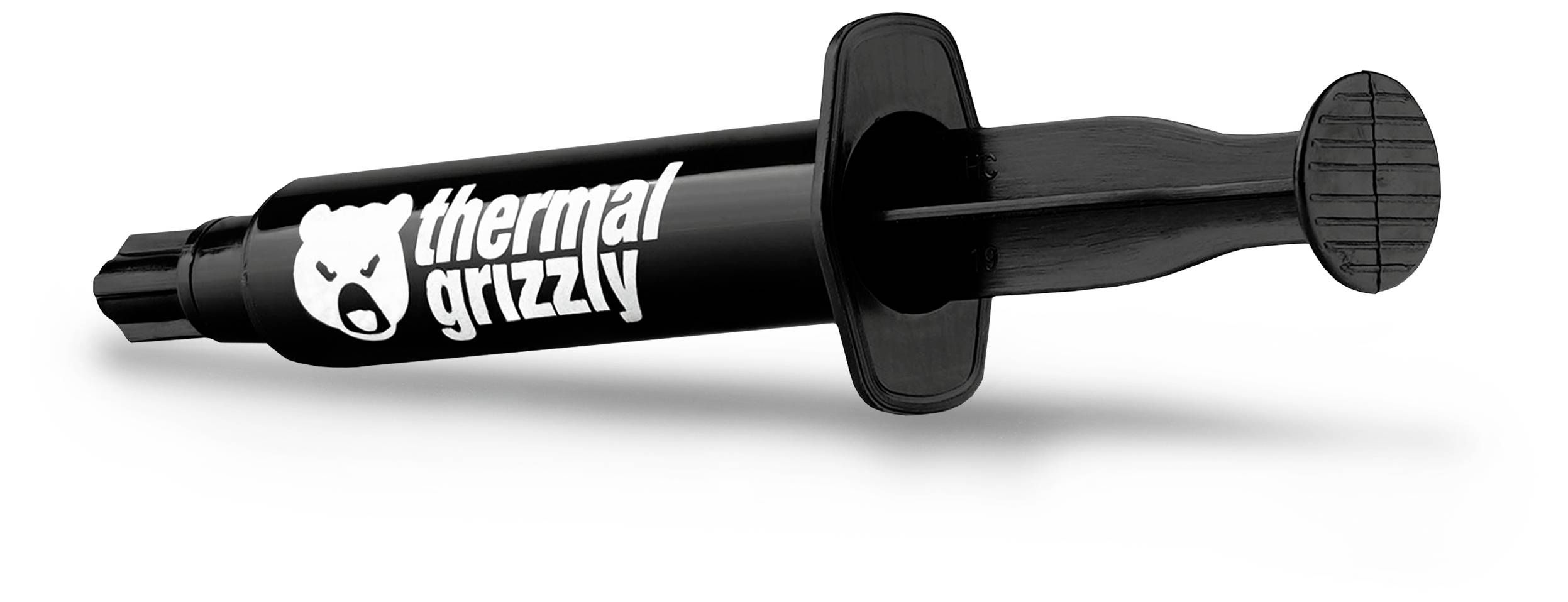 Čierny striekačkovitý kontajner s textom 'thermal grizzly' a logom medveďa, používaný na nanášanie tepelnej pasty na elektronické komponenty.
