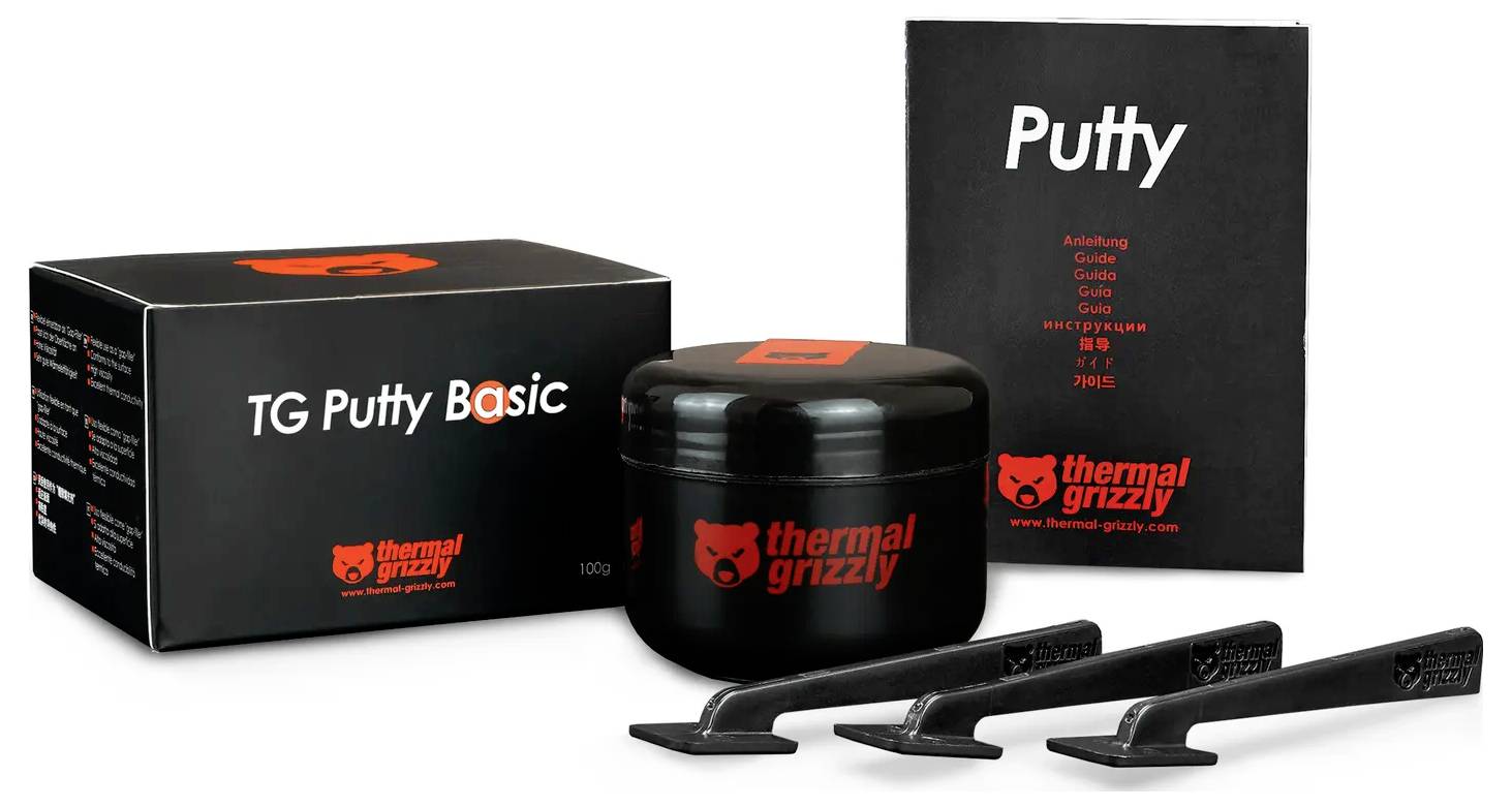 'TG Putty Basic' od spoločnosti Thermal Grizzly obsahuje dózu termálnej pasty, návod a nástroje na aplikáciu. Balenie prezentuje firemnú značku.