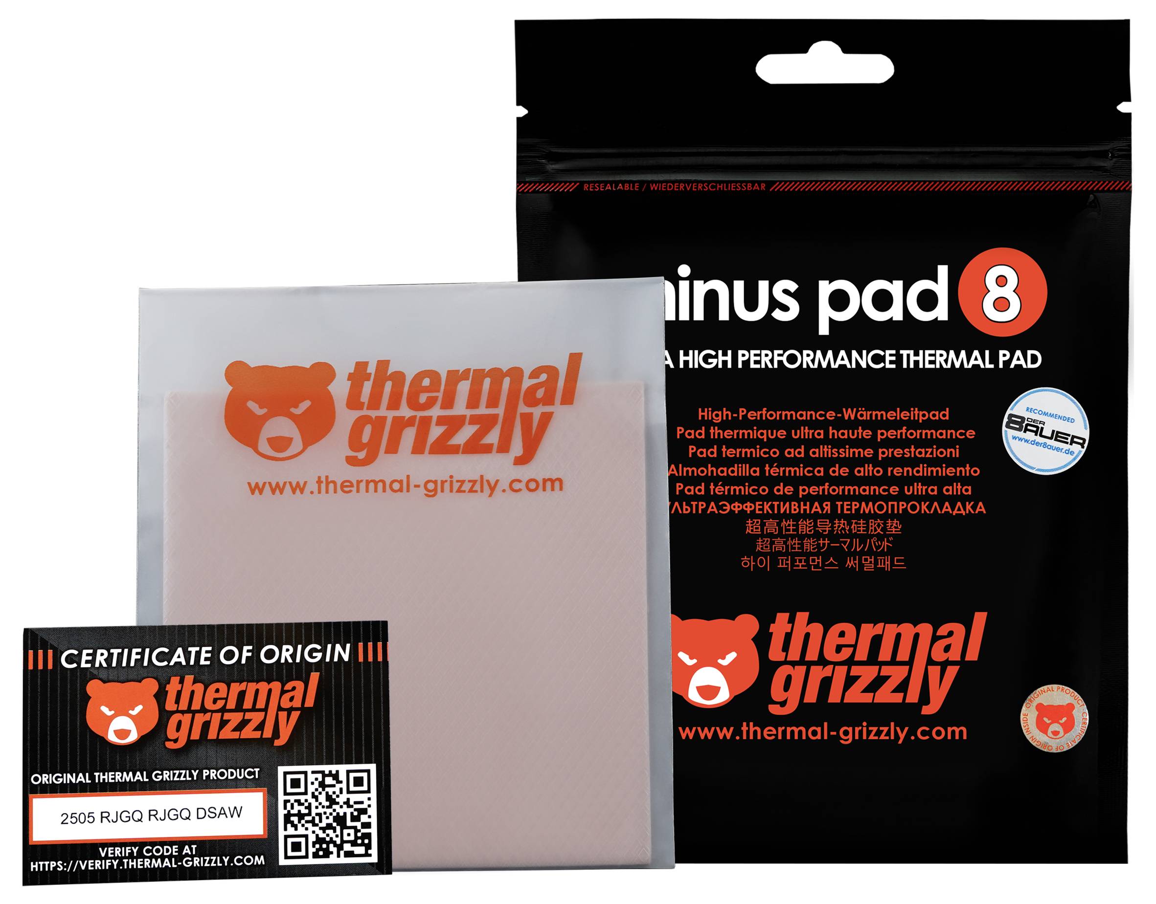 Termálny podložka Thermal Grizzly minus pad 8 vo vysokovýkonnom termálnom prevedení, balenie s certifikátom pôvodu vedľa neho.