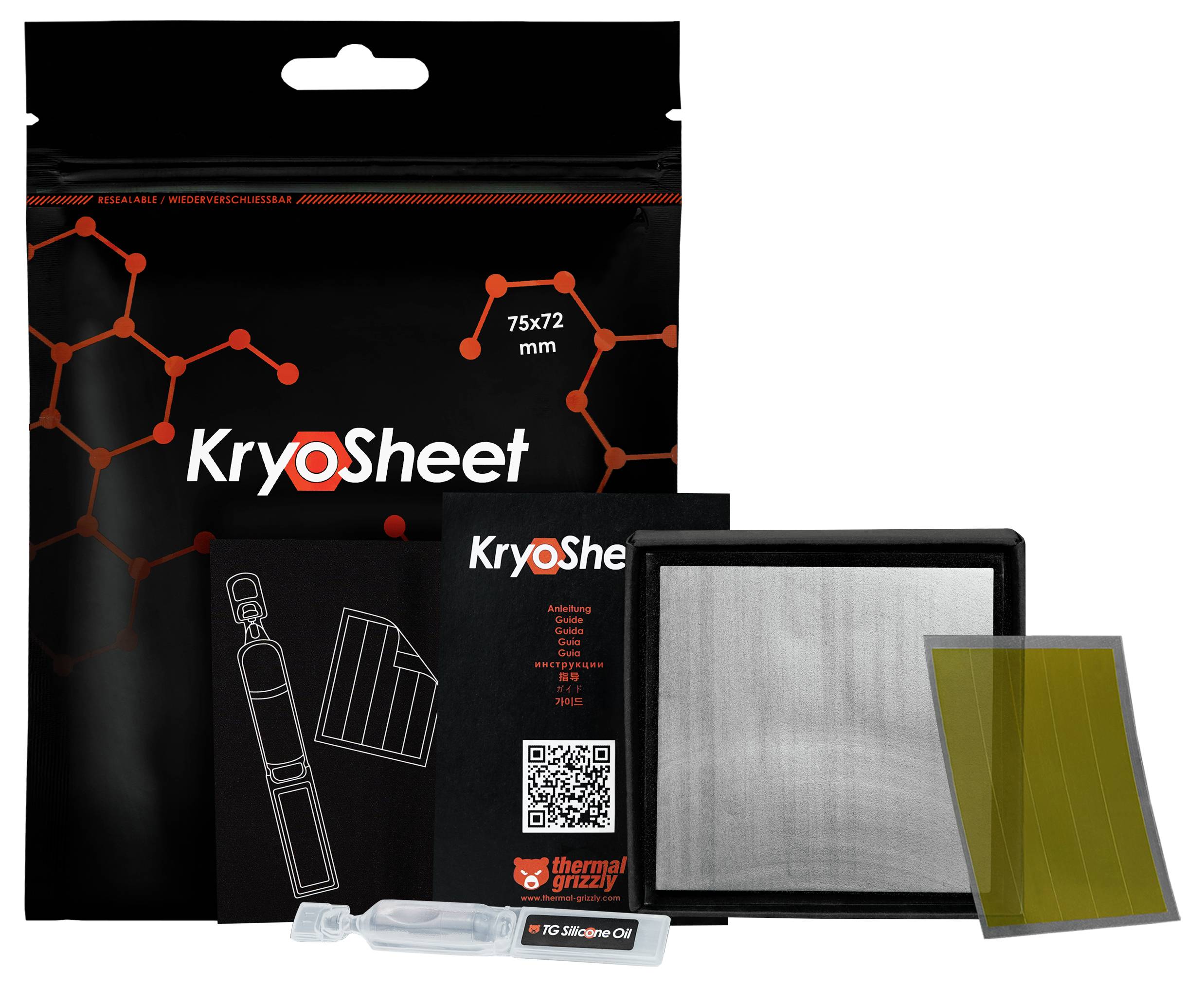 Obal 'KryoSheet' tepelnej podložky so zobrazenými komponentmi produktu: sivá kovová tepelná podložka, žltý dištančný prvok, puzdro a tepelná pasta.