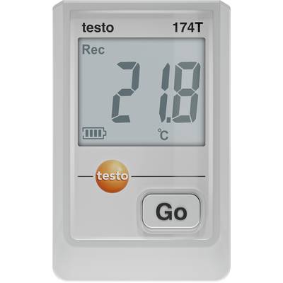 Digitálny teplomer zobrazujúci 'Rec 21.8°C'. Ikona batérie a značka 'testo' viditeľná, pod ňou tlačidlo 'Go'.