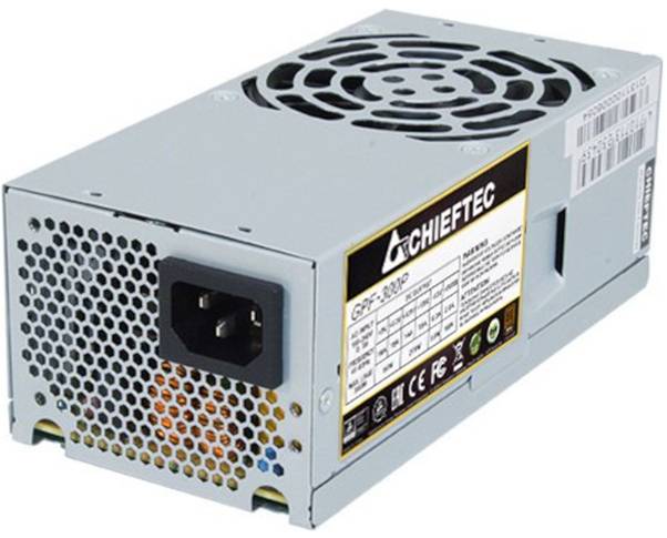 Strieborná počítačová napájacia jednotka značky 'Chieftec' s vetracím otvorom pre ventilátor, sieťovým vypínačom a konektorovým portom. Model GPF-250P.