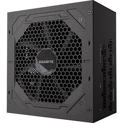 Počítačový napájací zdroj značky GIGABYTE v čiernej farbe s hexagonálnym dizajnom mriežky a viditeľnými portami na boku.