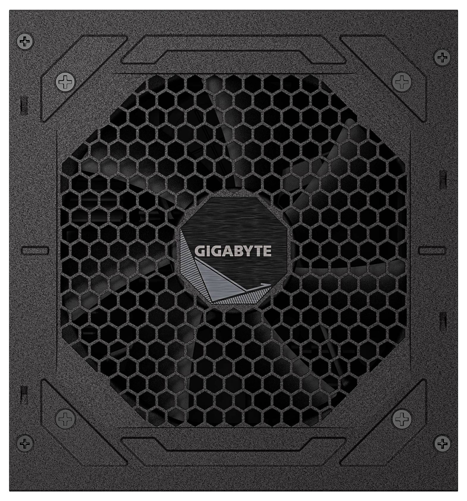 Sieťový zdroj značky Gigabyte s veľkým chladiacim ventilátorom a šesťuholníkovým vzorom mriežky.