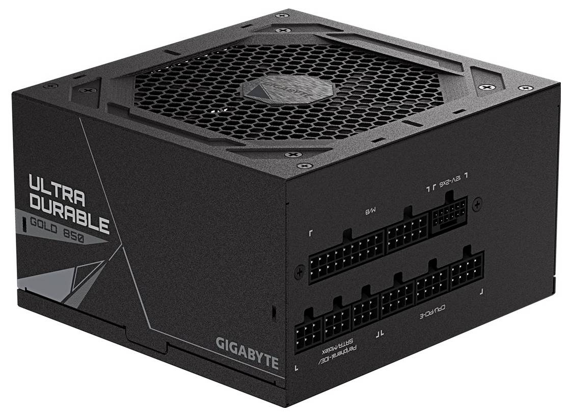 Napájací zdroj Gigabyte 'Ultra Durable Gold 850' s viacerými výstupnými portmi a chladiacim ventilátorom na hornej strane.