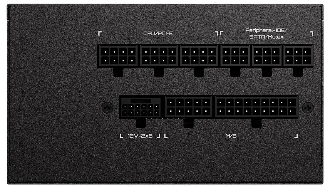 Napájací zdroj s rozhraním a označenými portami: 'CPU/PCI-E', 'Periférne-IDE/SATA/Molex' a '12V-2x6'.