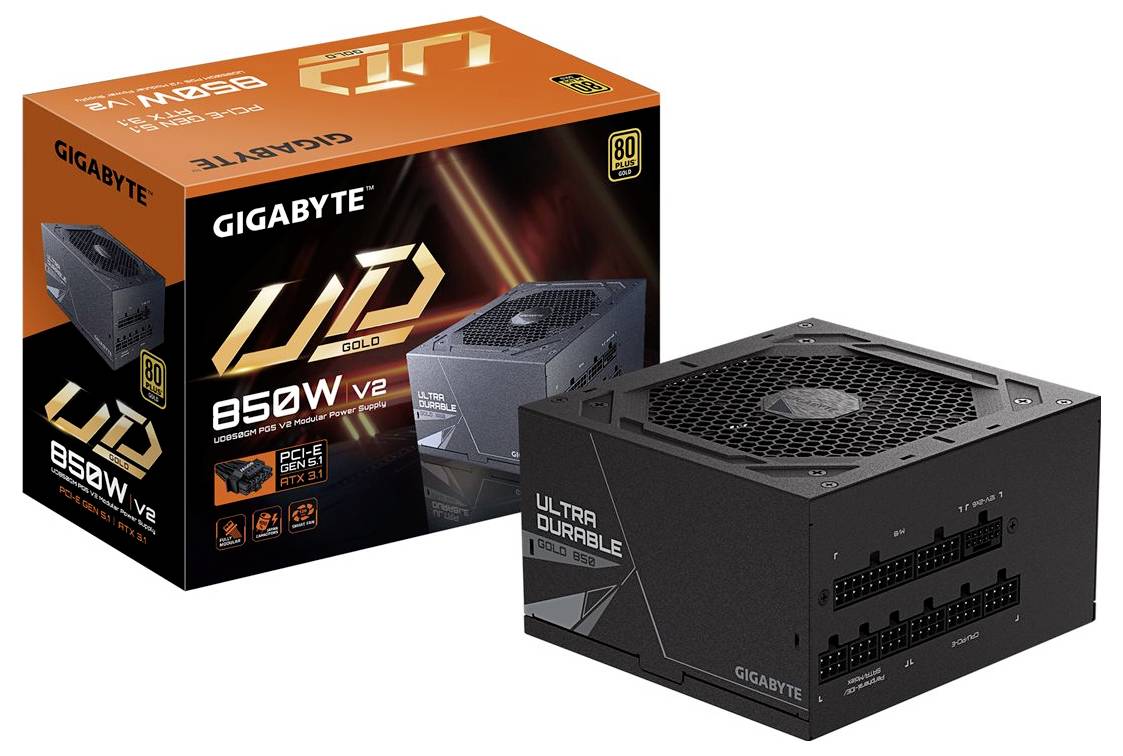 Napájací zdroj 'GIGABYTE UD Gold 850W V2' zobrazený s jeho obalom. Vyznačuje sa certifikáciou 80 Plus Gold a modulárnym dizajnom pre efektívne riadenie napájania.