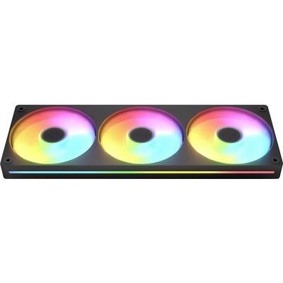 Počítačový chladiaci ventilátor s troma RGB LED osvetlenými kruhovými ventilátormi v obdĺžnikovom ráme, zobrazujúci živé farby ako ružová, žltá a azúrová.