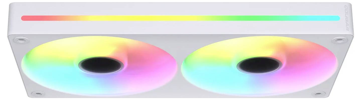 Biely počítačový chladiaci ventilátor s dvomi RGB podsvietenými ventilátormi, ktoré sa otáčajú a vyžarujú farebné svetlo v rozsahu od červenej po zelenú.