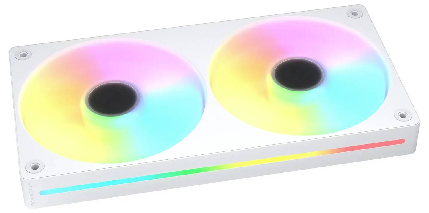 Strieborný systém počítačového chladenia s dvoma veľkými kruhovými ventilátormi. Ventilátory sa ligocú dúhovými farbami, čo naznačuje RGB osvetľovaciu funkciu.