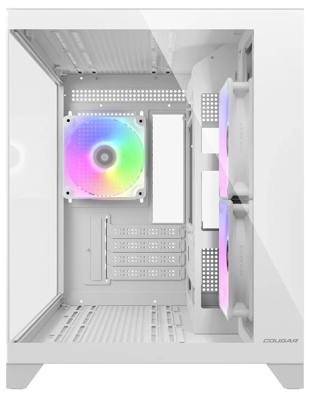 Biela počítačová skríň s priehľadným bočným panelom, ktorý odhaľuje tri RGB ventilátory vo vnútri, vyžarujúce multifarebné svetlá.