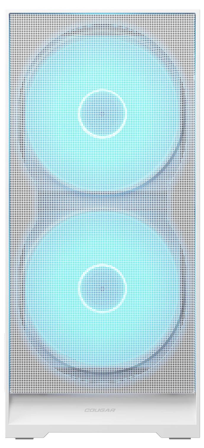 Počítačová veža s predným panelom z bieleho pletiva vystavuje dva veľké, osvetlené ventilátory s modrým svitom, čo naznačuje optimalizované chladenie.