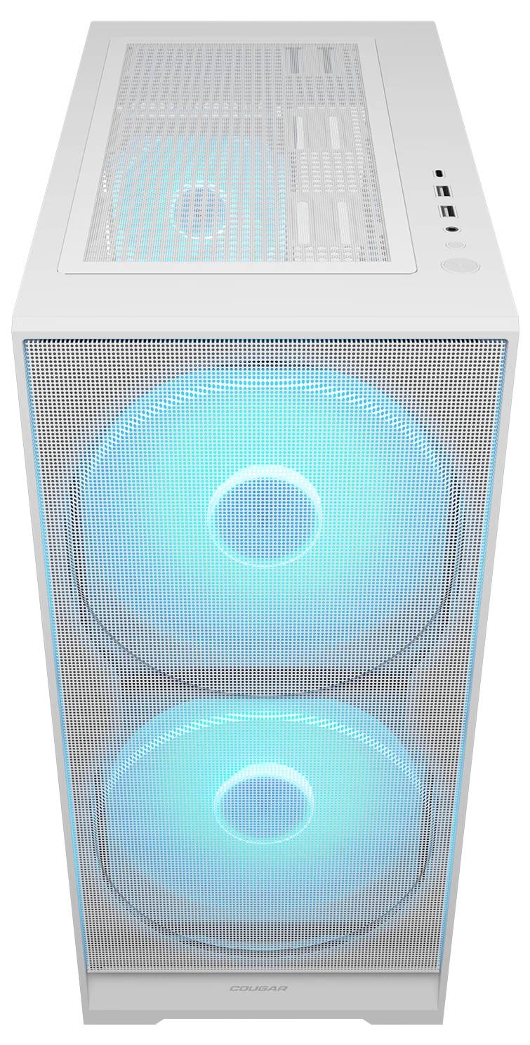 Biely počítačový kryt s mriežkovou prednou stranou obsahuje dva veľké osvetlené modré ventilátory, ktoré sú viditeľné cez mriežkový panel.