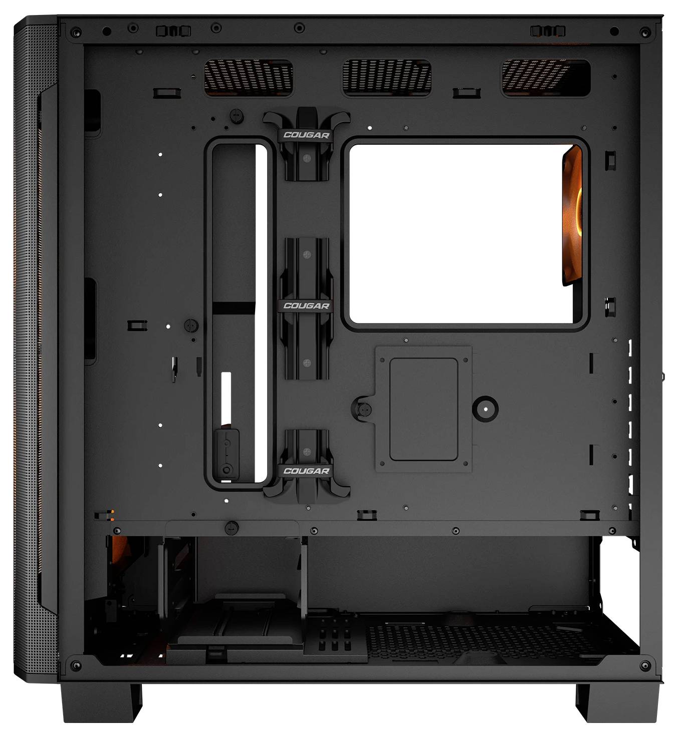 Pohľad do vnútra PC skrine, zobrazujúci prázdny priestor pre základnú dosku, sekcie na vedenie káblov a miesta na uchytenie ventilátorov.