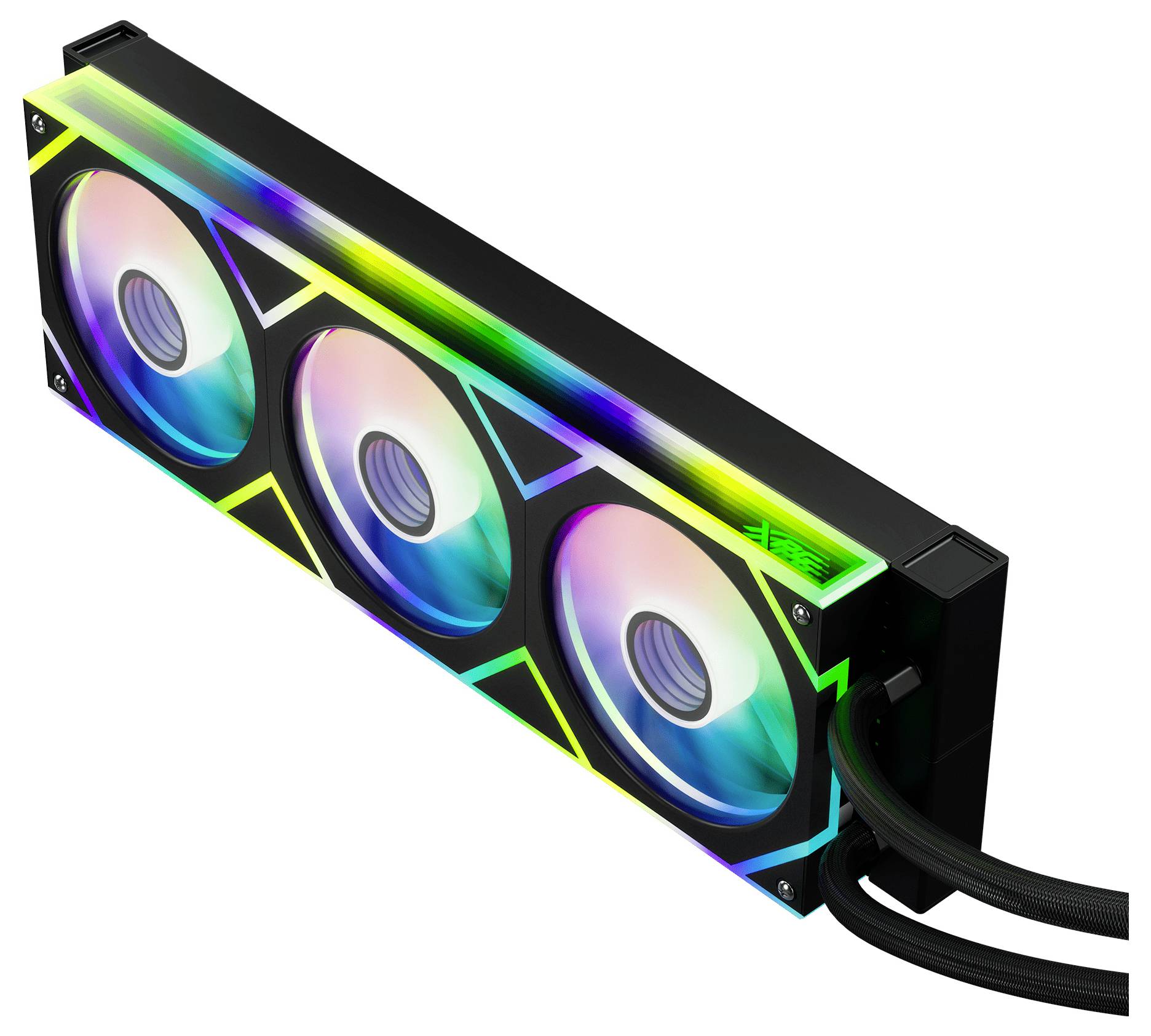 RGB chladiaci systém na kvapalinové chladenie počítača s tromi osvetlenými ventilátormi, ktorý prezentuje farebné svetelné efekty, navrhnutý pre efektívne chladenie.